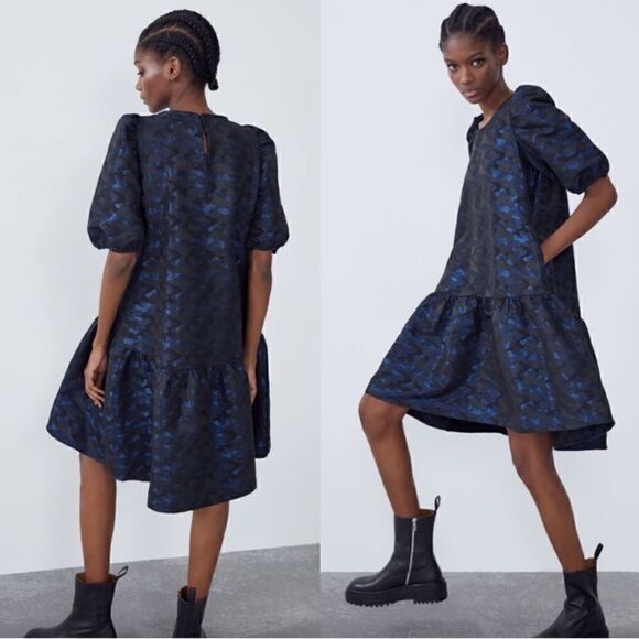 NEW ZARA Jacquard Camo Puff Sleeve Dress - Picture 1 of 3
